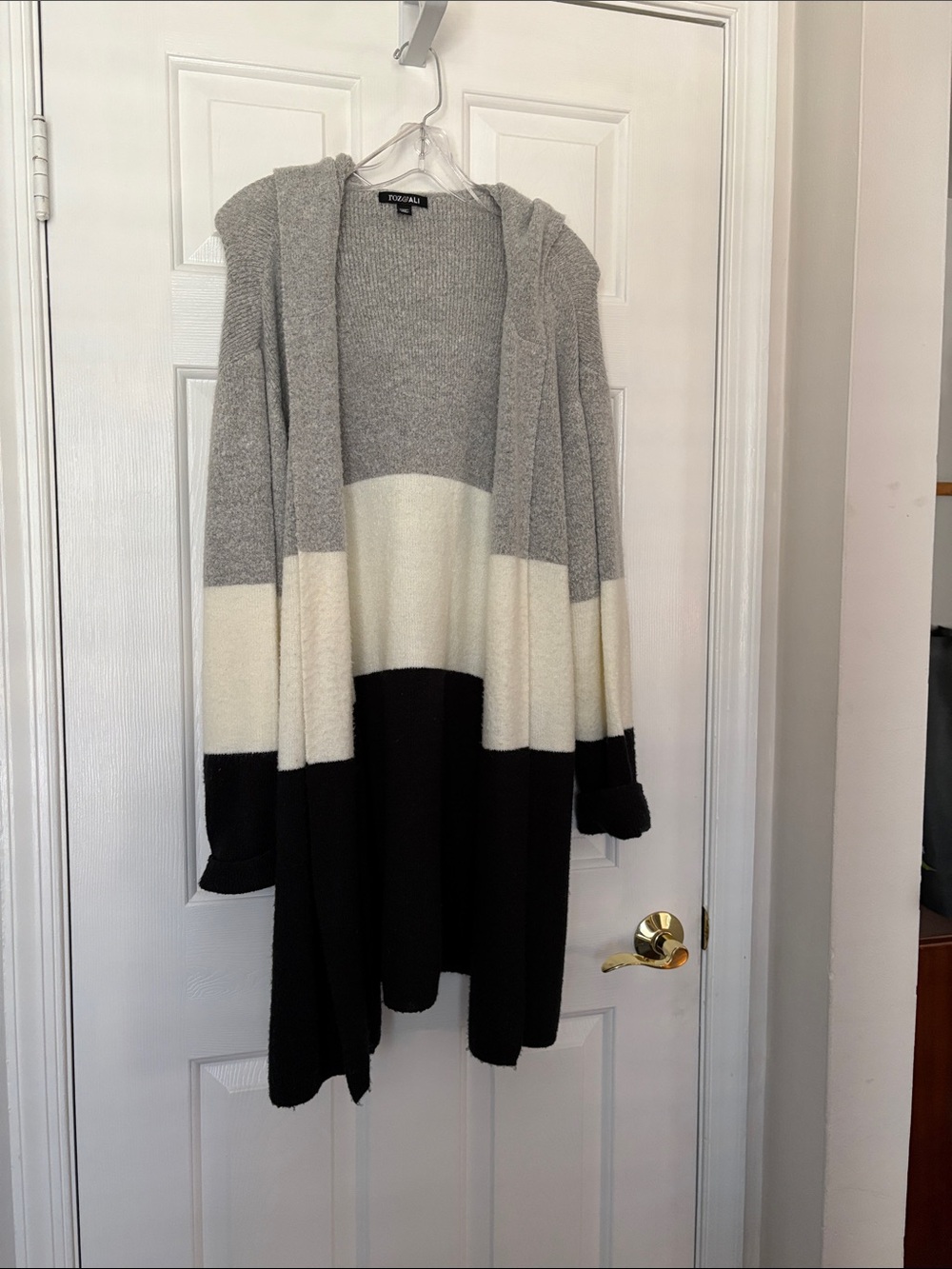 Gray Cream Black Colorblock Hooded Cardigan Duster